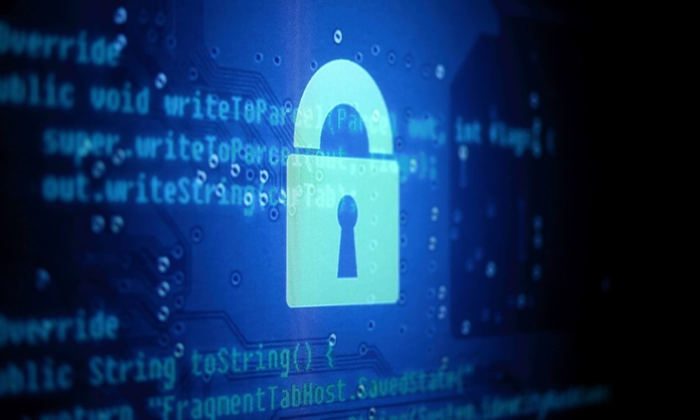 Lock icon on a blue digital background with binary code and programming text overlay.