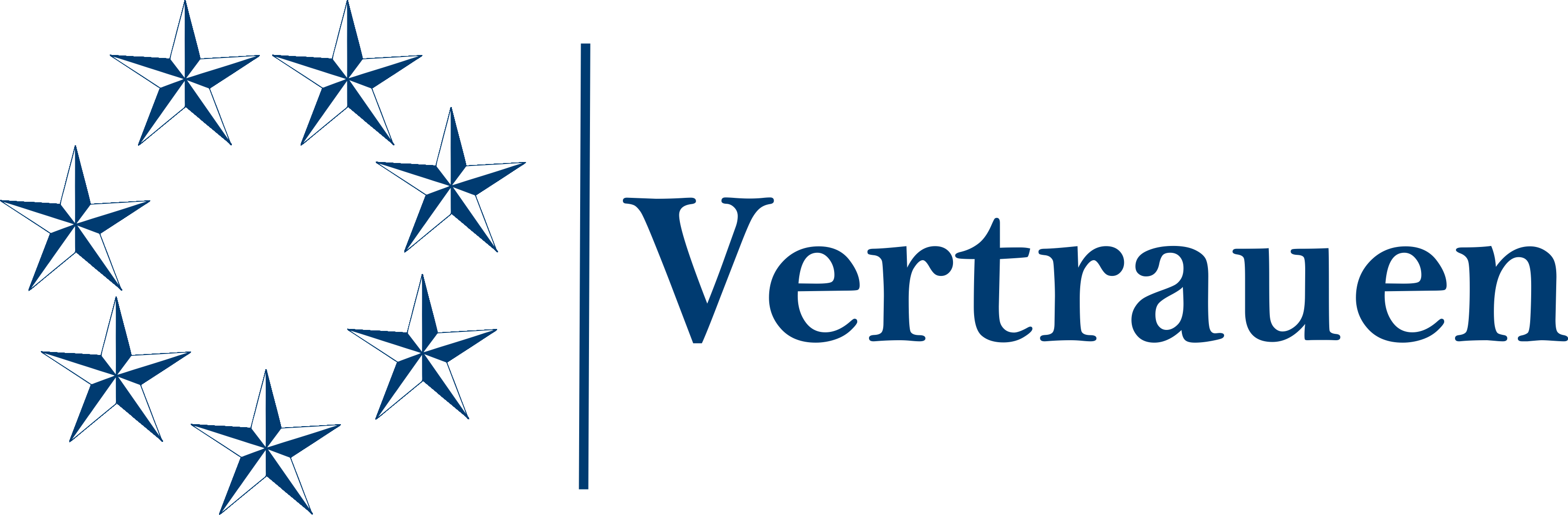 Blue design featuring seven white stars in a circular pattern, with the word 